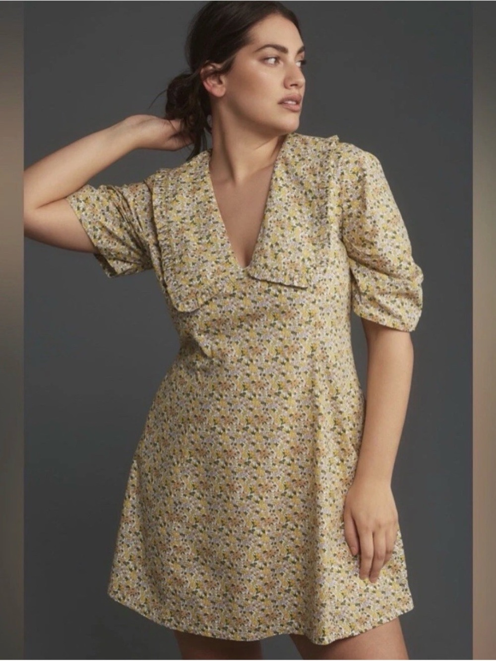 Anthropologie Short Sleeve Floral Collared V-Neck Mini Short Dress Yellow Motif